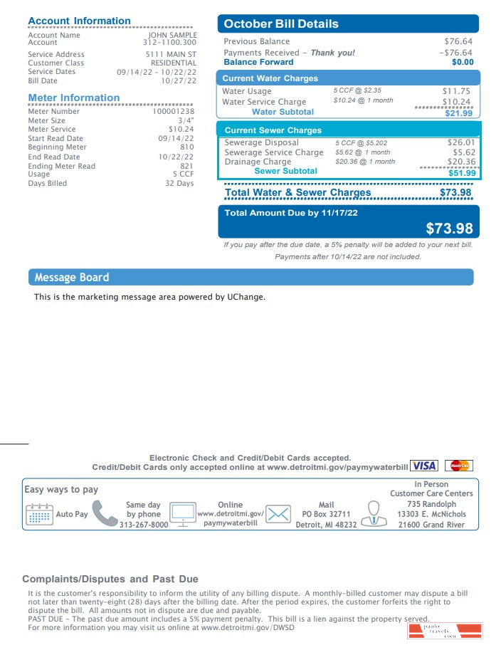 USA Michigan Water and Sewerage Department utility bill, Word and PDF template, 2 pages 2